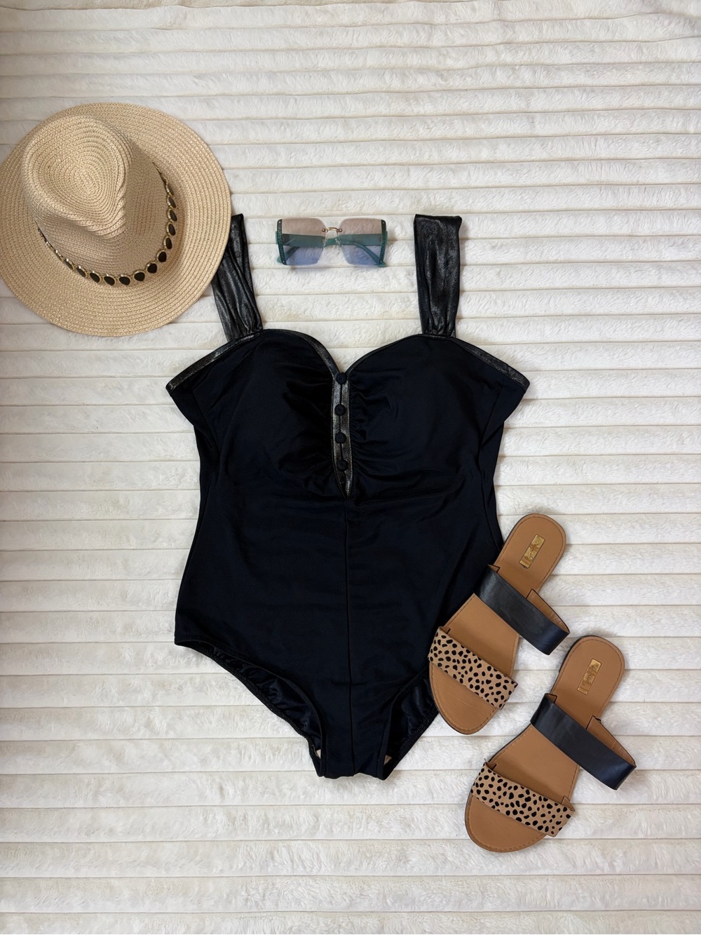 Black One-Piece Swimsuit with Leather-Look Straps
